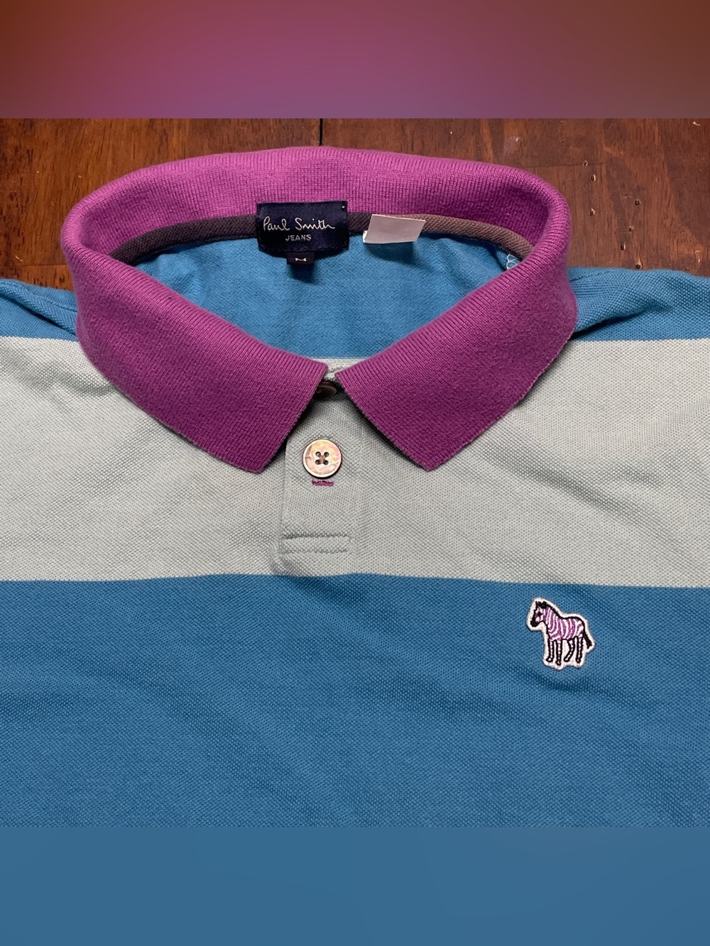 Paul Smith Jeans Polo Mens Medium Blue Striped Short Sleeve Shirt Zebra Logo
